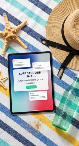 160 Flat lay of an iPad on a beach towel showing sales notifications a dried starfish a bottle of mi.jpg