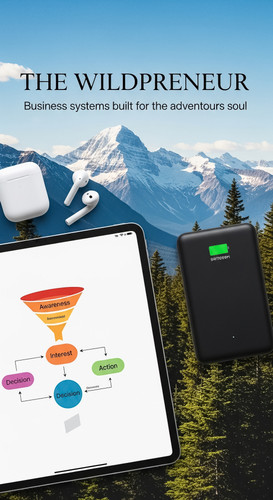 162 Flat lay of an iPad showing a funnel flowchart a power bank a pair of earbuds and a mountain lan.jpg