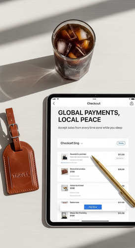 163 Topdown view of a tablet displaying a checkout page a leather luggage tag a gold pen and a cold .jpg