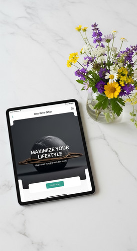 188 Flat lay of an iPad displaying a OneTime Offer page and a vase of wildflowers Text MAXIMIZE YOUR.jpg