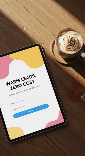 181 Overhead view of a tablet displaying a lead capture page and a cup of cocoa Text WARM LEADS ZERO.jpg
