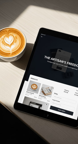 183 Topdown view of a tablet showing a product checkout page and a latte Text THE ARTISANS FREEDOM P.jpg