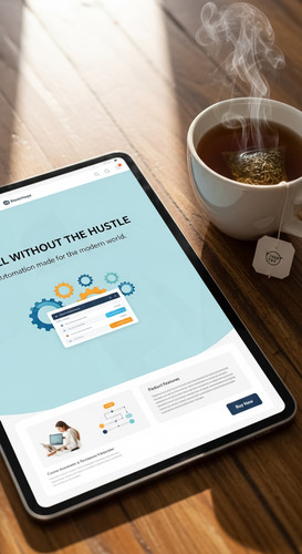 193 Topdown view of a tablet displaying a product page and a cup of herbal tea Text SELL WITHOUT THE.jpg