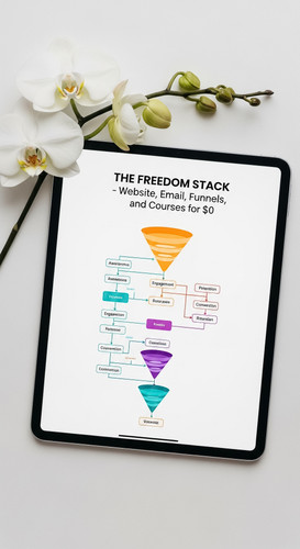 192 Flat lay of an iPad showing a funnel flowchart and a sprig of white orchids Text THE FREEDOM STA.jpg
