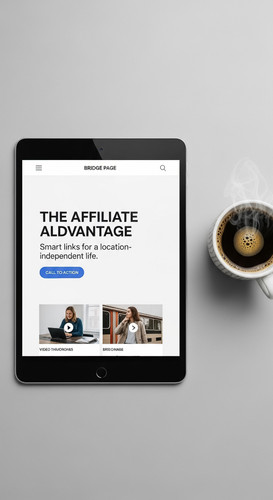 186 Flat lay of a tablet showing a bridge page design and a cup of coffee Text THE AFFILIATE ADVANTA.jpg
