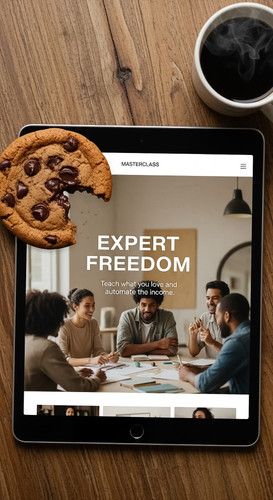 185 Overhead view of an iPad showing a landing page for a masterclass and a cookie Text EXPERT FREED.jpg