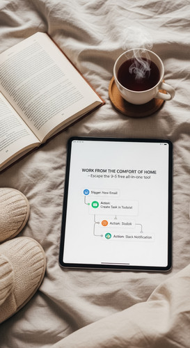 3 Flat lay of an iPad showing a simple 3step automation workflow a pair of cozy slippers edge of fra.jpg