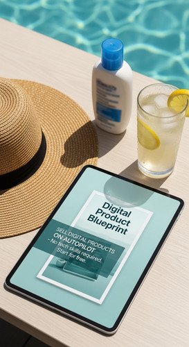 5 Flat lay of an iPad displaying a digital product mockup a widebrimmed sun hat a bottle of sunscree.jpg