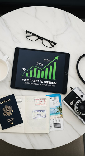 2 Overhead view of a tablet displaying a 0 to 10k growth chart a passport a boarding pass and a came.jpg