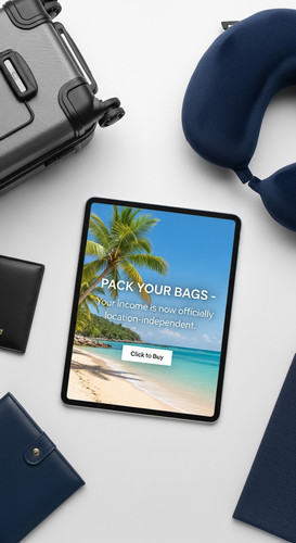 20 Topdown shot of an iPad showing a Click to Buy button a suitcase a passport holder and a neck pil.jpg