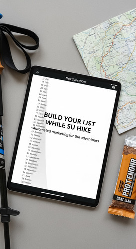 18 Overhead view of a tablet showing a New Subscriber list growing a pair of hiking poles edge of fr.jpg