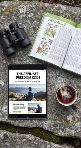 10 Overhead view of a tablet showing a bridge page for affiliate marketing a pair of binoculars a fi.jpg