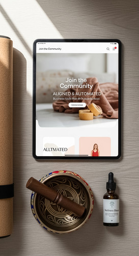 17 Flat lay of an iPad displaying a Join the Community page a yoga mat corner a singing bowl and a b.jpg