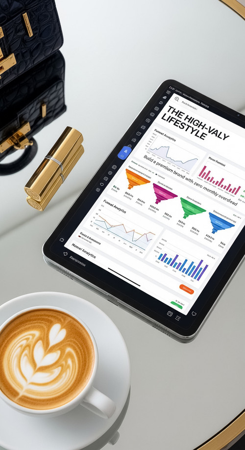 13 Flat lay of a tablet showing a funnel analytics dashboard a designer handbag edge of frame a gold.jpg