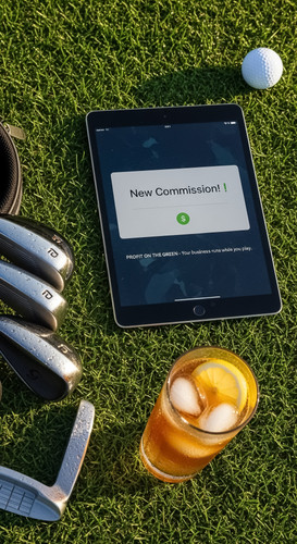 32 Topdown view of an iPad showing a New Commission alert a set of golf clubs edge of frame a golf b.jpg