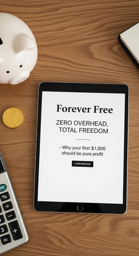 34 Overhead view of an iPad showing a Forever Free plan confirmation a piggy bank a gold coin and a .jpg