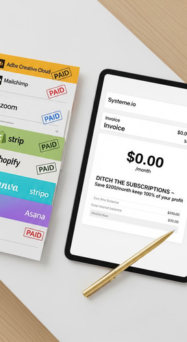22 Overhead view of a tablet displaying a 0 monthly invoice from Systemeio a stack of paid bills fro.jpg