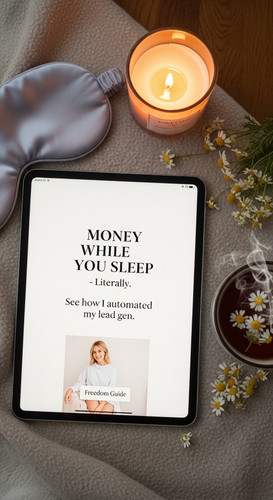 12 Topdown view of an iPad displaying a lead magnet for a Freedom Guide a silk eye mask a candle and.jpg