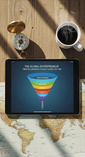 30 Overhead shot of an iPad showing a sales funnel graph a map of the world a gold compass and a cup.jpg
