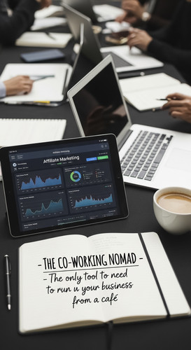 27 Flat lay of an iPad showing an affiliate marketing dashboard a laptop a notebook and a coffee at .jpg