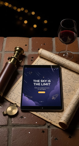 31 Flat lay of an iPad on a terrace showing a landing page a telescope a star map and a glass of win.jpg