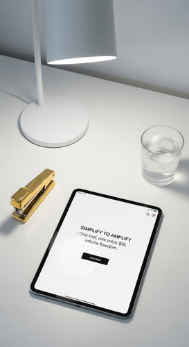 51 Flat lay of an iPad on a white desk showing a Join Now button a gold stapler a white lamp and a g.jpg