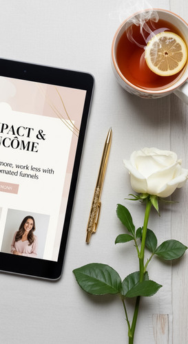 57 Flat lay of an iPad showing a sales page for a coaching offer a gold pen a white rose and a cup o.jpg