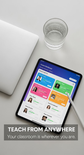 56 Topdown view of an iPad showing a Course Dashboard a white laptop a silver stylus and a glass of .jpg