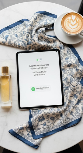 37 Flat lay of an iPad showing a Sales Goal Reached alert a bottle of perfume a silk scarf and a lat.jpg