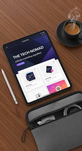 47 Flat lay of an iPad on a dark oak desk showing a Bridge Page for a tech product a silver stylus a.jpg