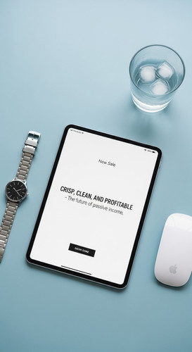 43 Flat lay of an iPad on a light blue desk showing a New Sale notification a silver watch a white m.jpg