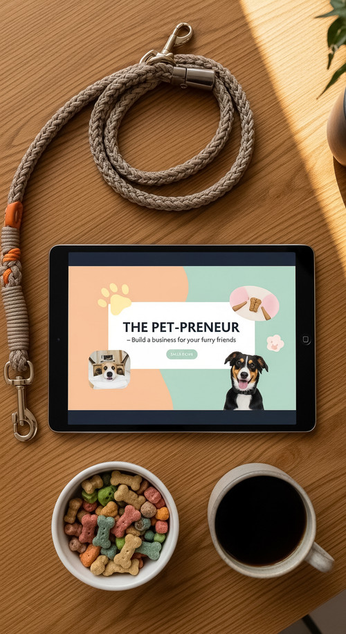 50 Overhead view of a tablet showing a sales page for a pet product a dog leash a bowl of treats and.jpg