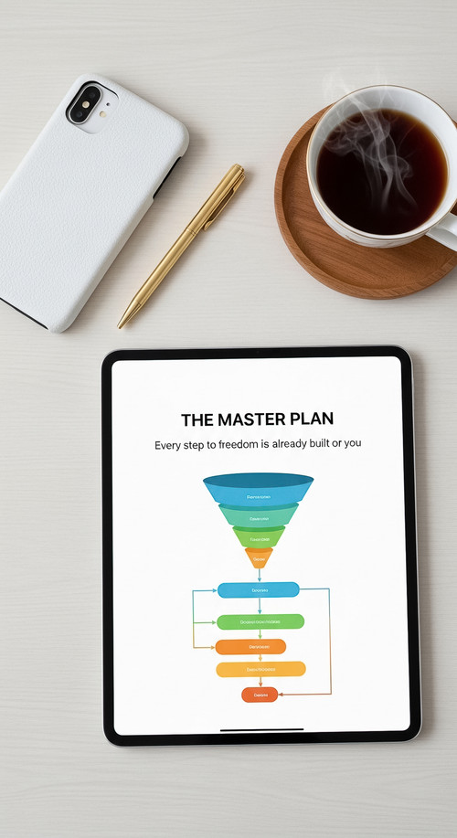 54 Overhead shot of an iPad showing a funnel flowchart a white leather phone case a gold pen and a c.jpg