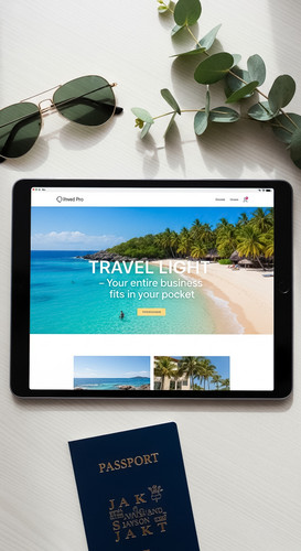 59 Flat lay of an iPad on a light wood desk showing a landing page a pair of sunglasses a passport a.jpg