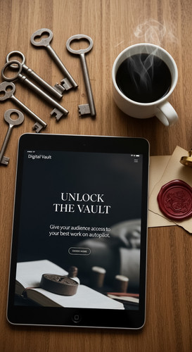 44 Topdown view of an iPad displaying a Digital Vault landing page a set of old keys a wax seal and .jpg