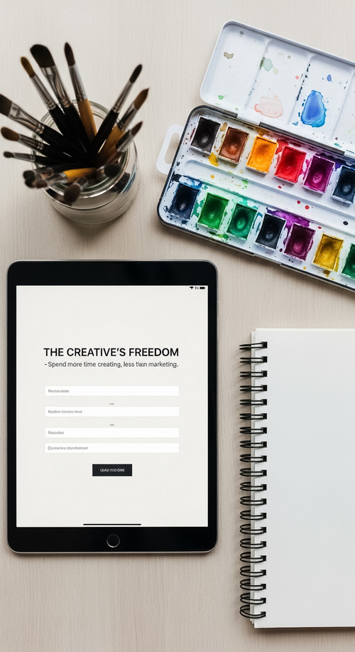 41 Flat lay of an iPad showing a lead capture form a sketchbook a set of watercolors and a jar of br.jpg