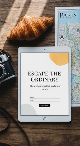 62 Overhead shot of a tablet showing a lead capture page a camera a map of Paris and a croissant Tex.jpg