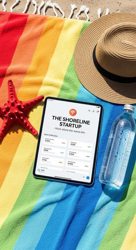 61 Flat lay of an iPad on a beach towel showing sales notifications a starfish a bottle of water and.jpg