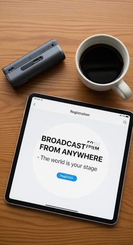 70 Overhead shot of a tablet with a webinar registration page a travel microphone and a coffee Text .jpg