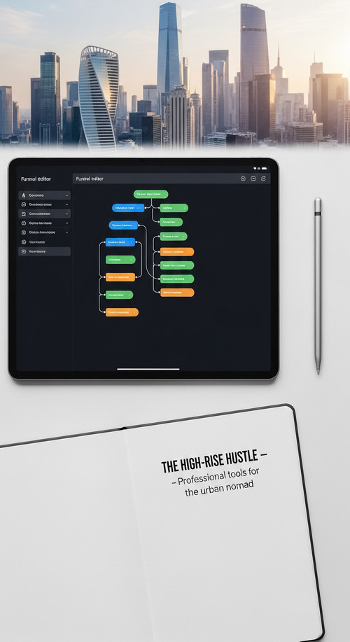 68 Topdown view of a tablet with a funnel editor a silver stylus a notebook and a city skyline Text .jpg