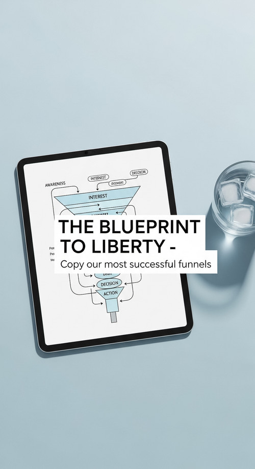 75 Flat lay of an iPad on a light blue background showing a funnel blueprint and a glass of water Te.jpg