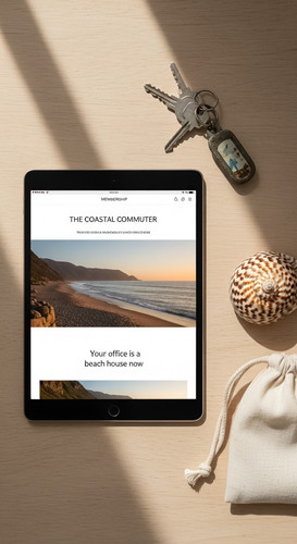 67 Flat lay of an iPad showing a membership site design a set of keys a linen bag and a shell Text T.jpg