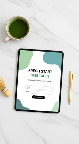 71 Flat lay of an iPad on a white stone desk showing a lead capture form a gold pen and a cup of mat.jpg