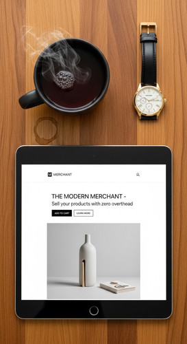 74 Topdown view of a tablet displaying a product page a gold watch and a cup of black tea Text THE M.jpg