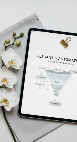 73 Flat lay of an iPad showing a funnel flowchart a gold paperclip and a sprig of white orchids Text.jpg
