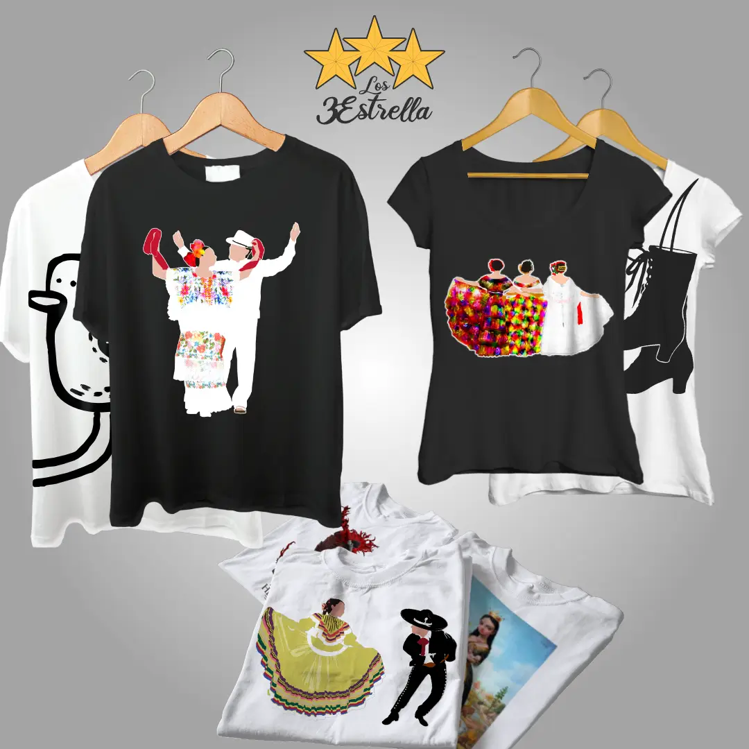 Collage mostrando diferentes modelos de camisas personalizadas de la marca ❝Los 3 Estrella❞