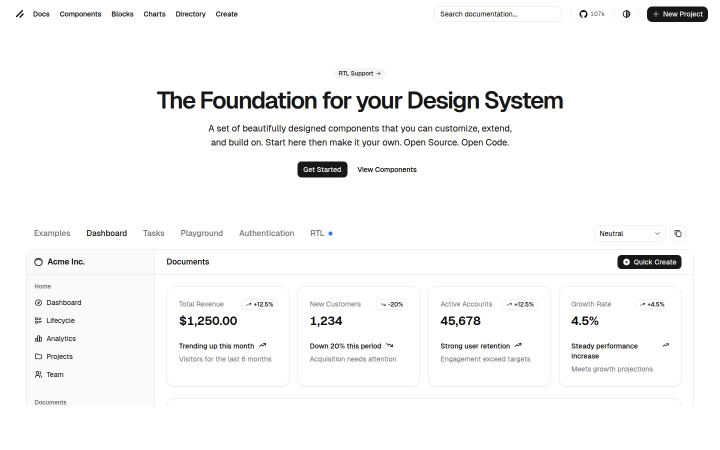 shadcn/ui 대시보드 예제