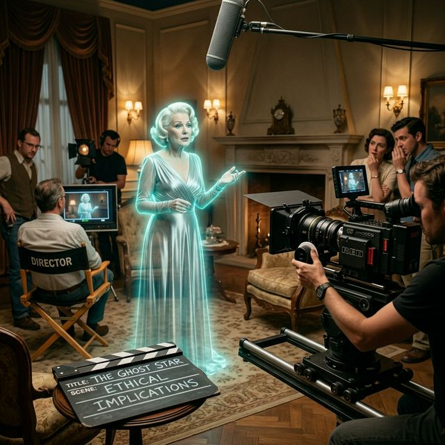Hollywood set filming a glowing AI hologram of an old deceased star