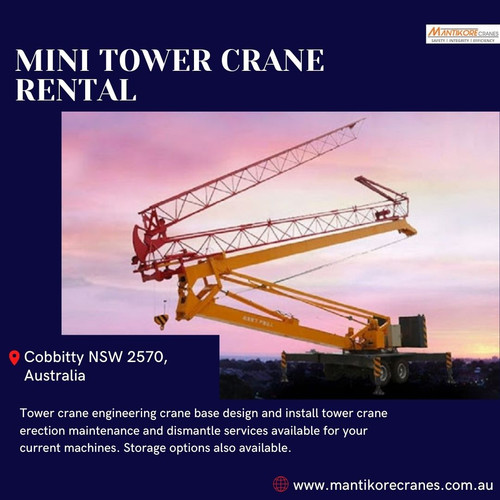 We specialize in mini tower crane rental in Sydney, providing high-quality equipment and machinery with excellent customer service at an affordable cost. Our Crane is highly being used at construction sites to make the entire work stress-free and increase productivity.  Over 20 years of industry experience in the wet and dry hire of tower cranes and providing mobile cranes. We provide all aspects of mobile or tower crane hire services for the construction industry. Our cranes are regularly maintained and serviced, and we take pride in giving our customers a first-class experience. Also providing other crane services like Mobile cranes, self-erecting cranes, Electric Luffing, etc.  To know more visit our site and contact us at 1300626845. Our opening hours are Monday to Friday from 7 am to 7 pm. You can also follow us on Facebook, Instagram, Twitter.

Website:  https://mantikorecranes.com.au/