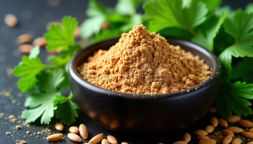 light brown coriander powder sits small dark bowl fresh cilantro leaves whole seeds surround healthy.jpg